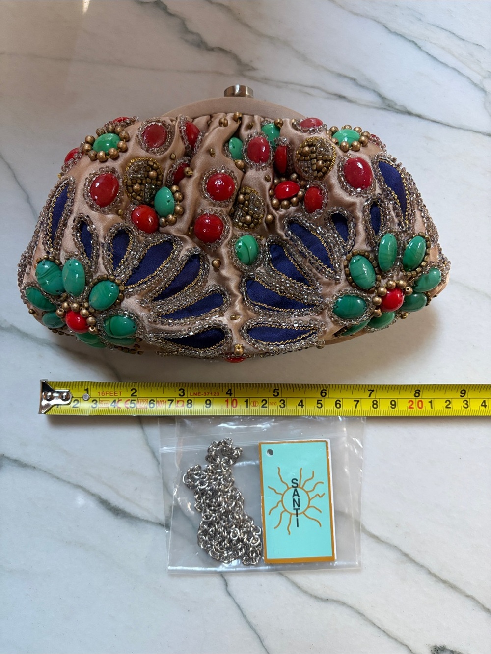 Santo beaded Embellished Floral Clutch, Beige, Turquoise & Red & Navy w chain - Picture 10 of 11